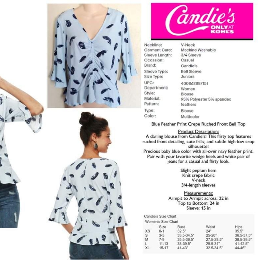 CANDIE'S RUCHED BABY BLUE FEATHER PRINT BLOUSE